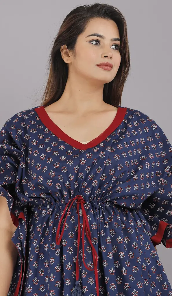 Foot Buti Navy Blue Cotton Fine Printed Kaftan     