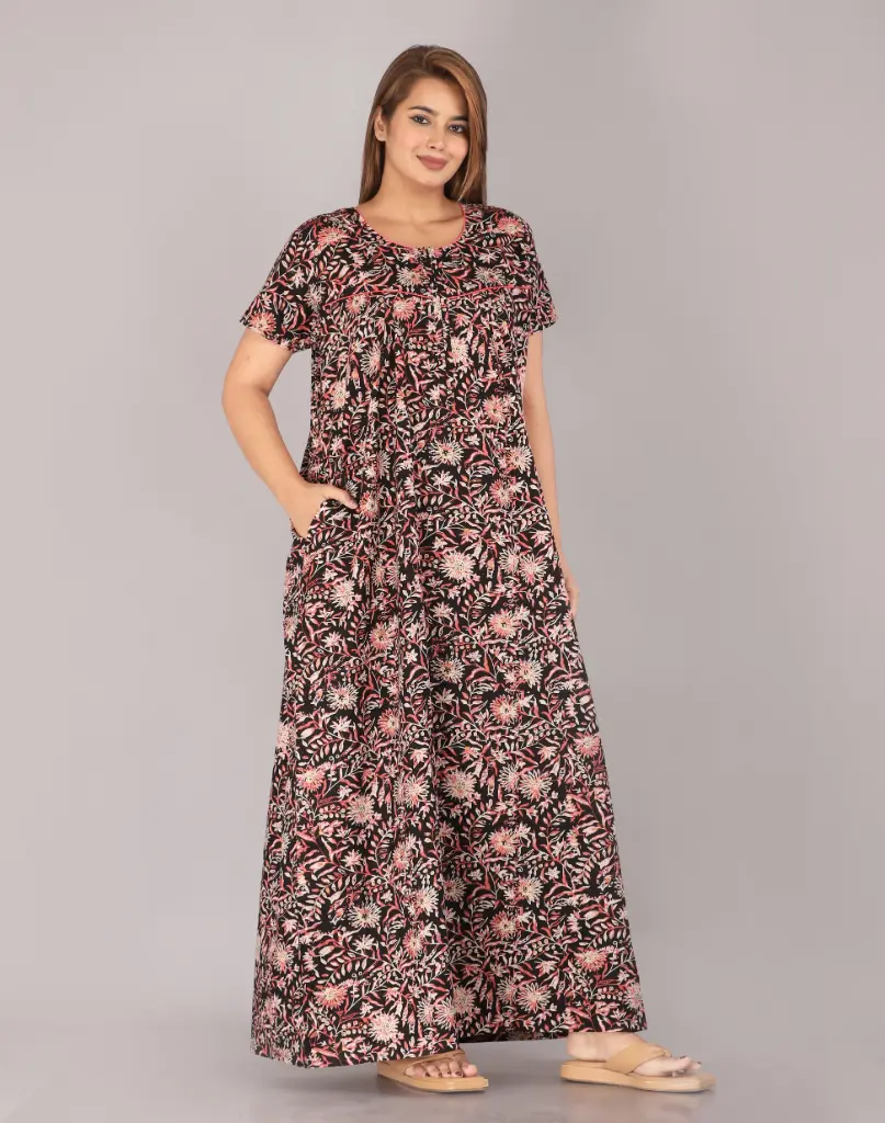 Berries Black Pure Cotton Printed Night Gown    (L)