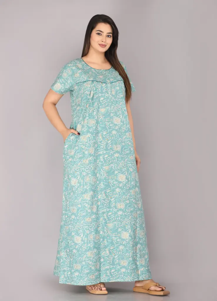 Berries Sea Green Pure Cotton Printed Night Gown   (L)