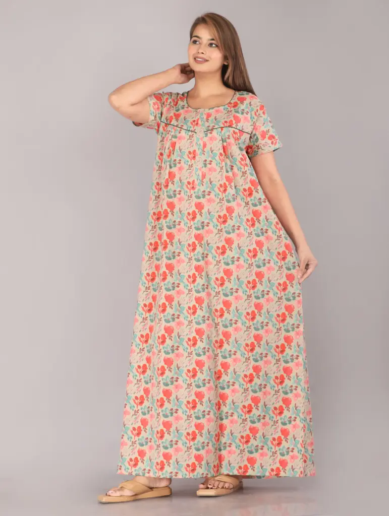 Bell Flower Grey Pure Cotton Printed Night Gown  