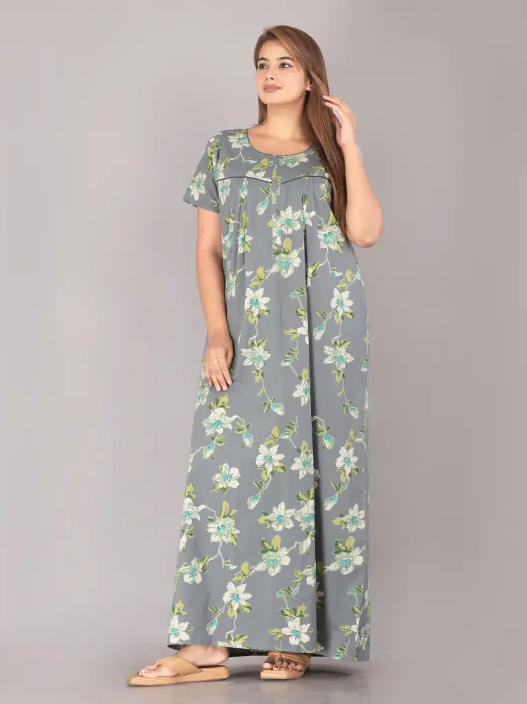 Hibiscus Grey Pure Cotton Printed Night Gown  (L)