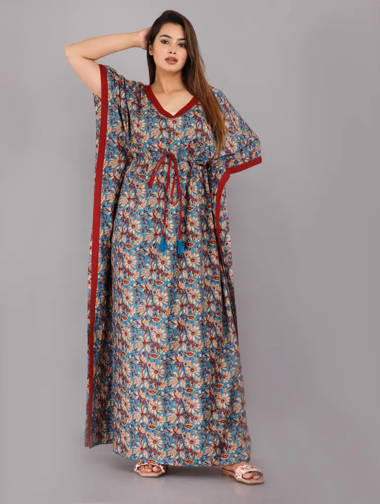 Kalamkari Flower Navy Blue Cotton Fine Printed Kaftan    