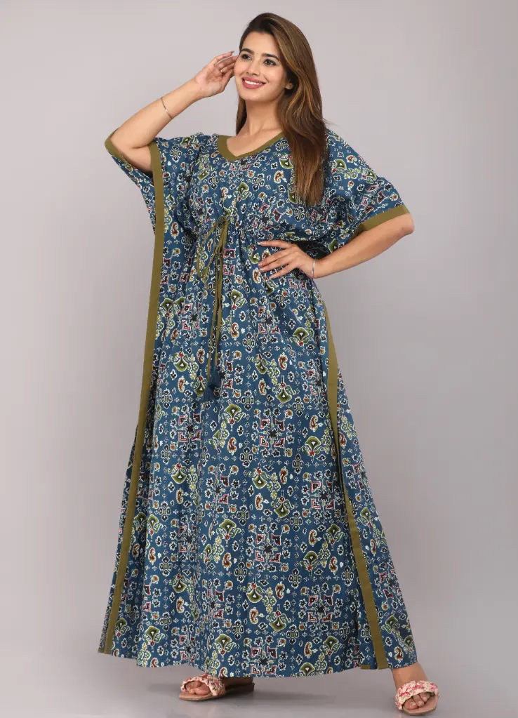 Mandala Teal Cotton Fine Printed Kaftan   