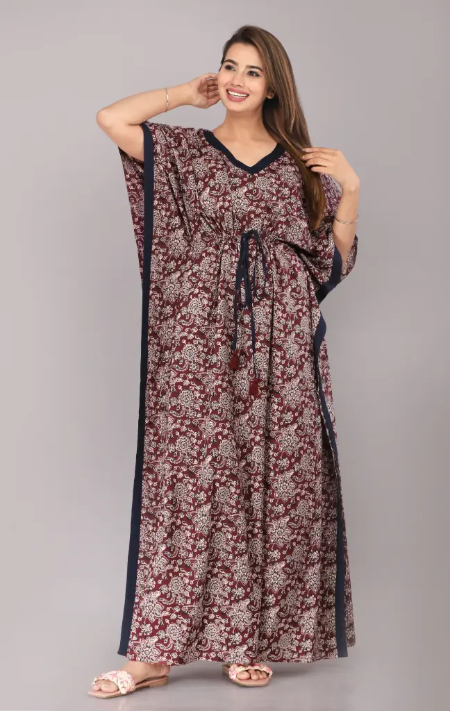 Chakra Flower Maroon Cotton Fine Printed Kaftan   