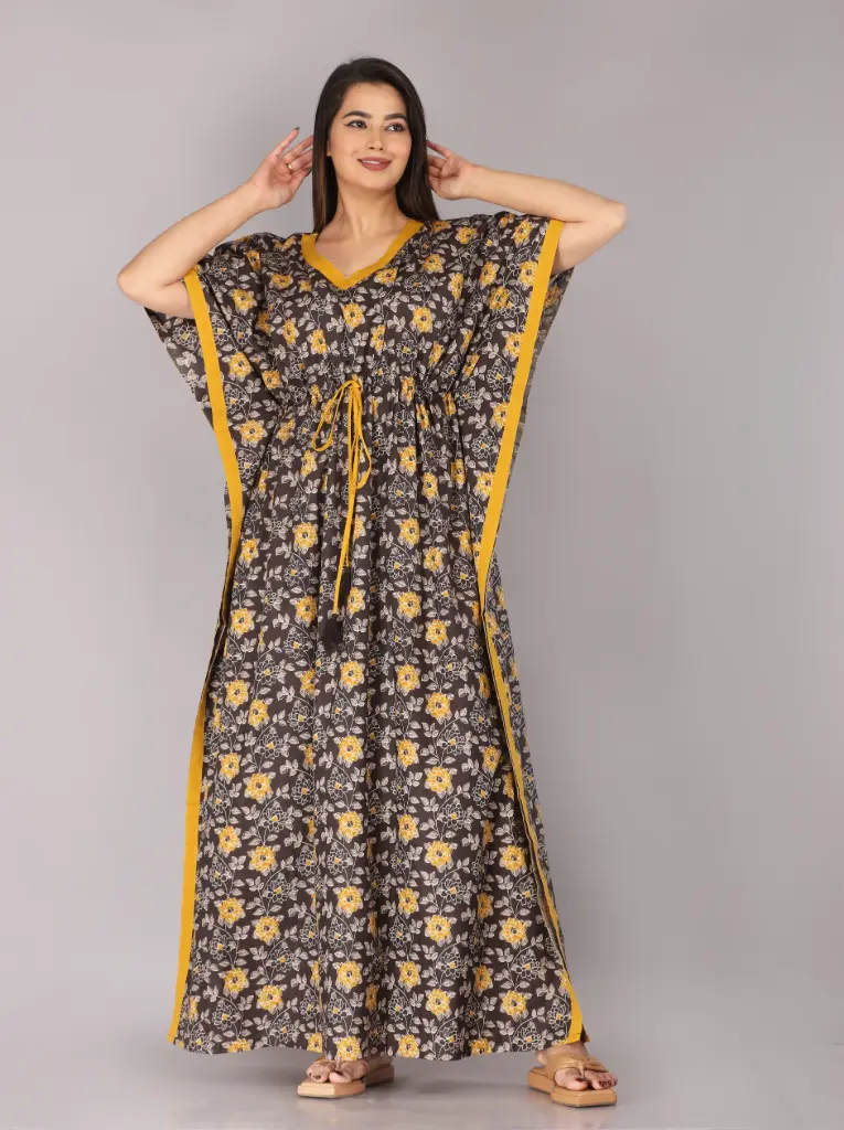 Ice Flower Coffee Cotton Fine Printed Kaftan   
