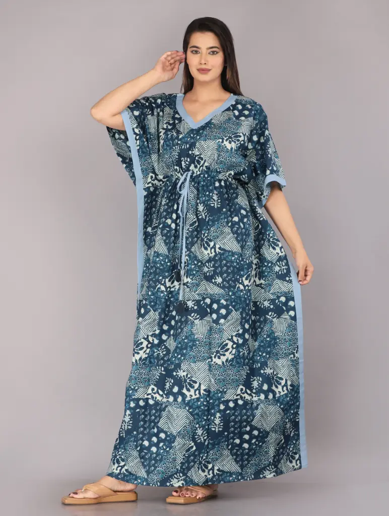 Collage Blue Cotton Fine Printed Kaftan    