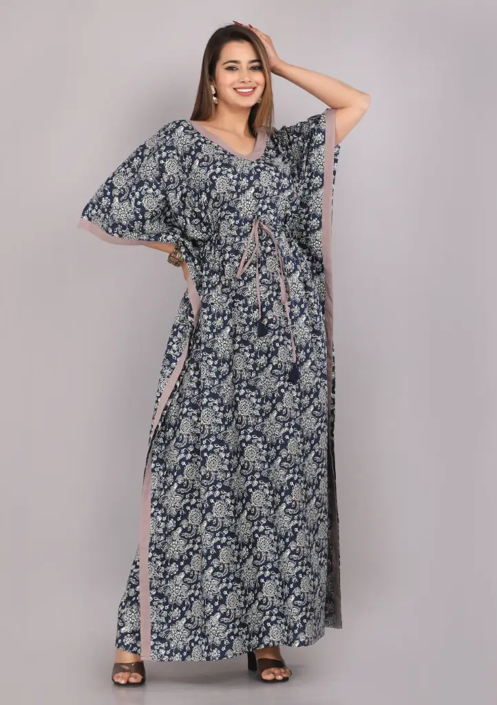 Chakra Flower Navy Blue Cotton Fine Printed Kaftan  