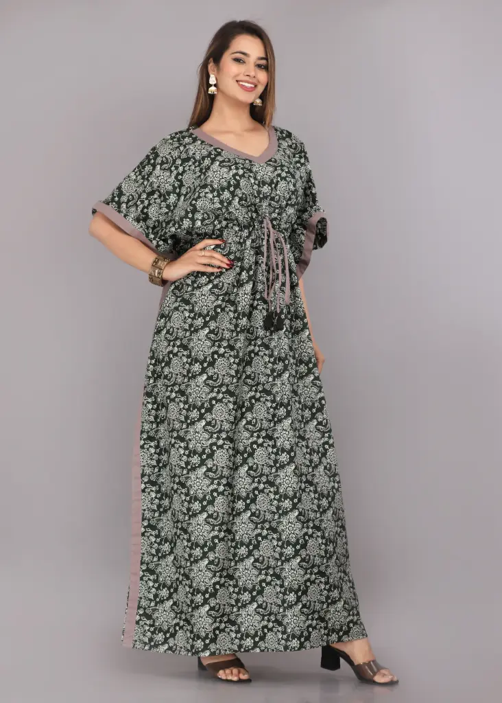 Chakra Flower Green Cotton Fine Printed Kaftan   