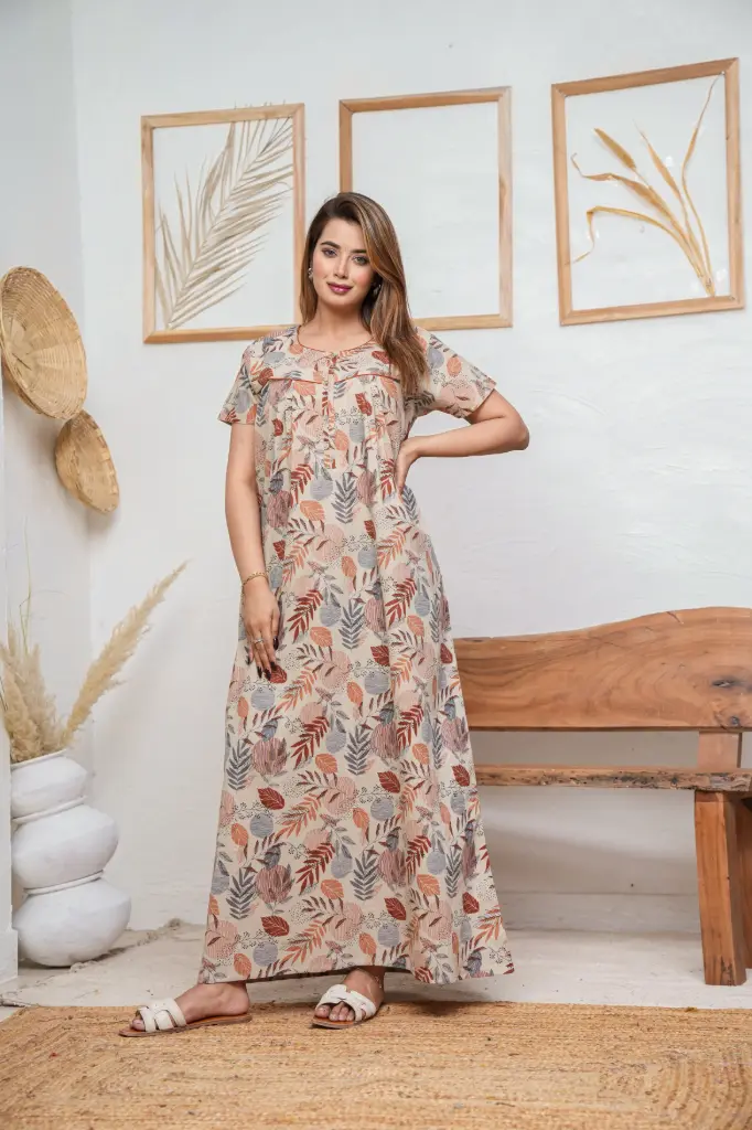Linning Leaves Grey Cotton Printed Night Gown