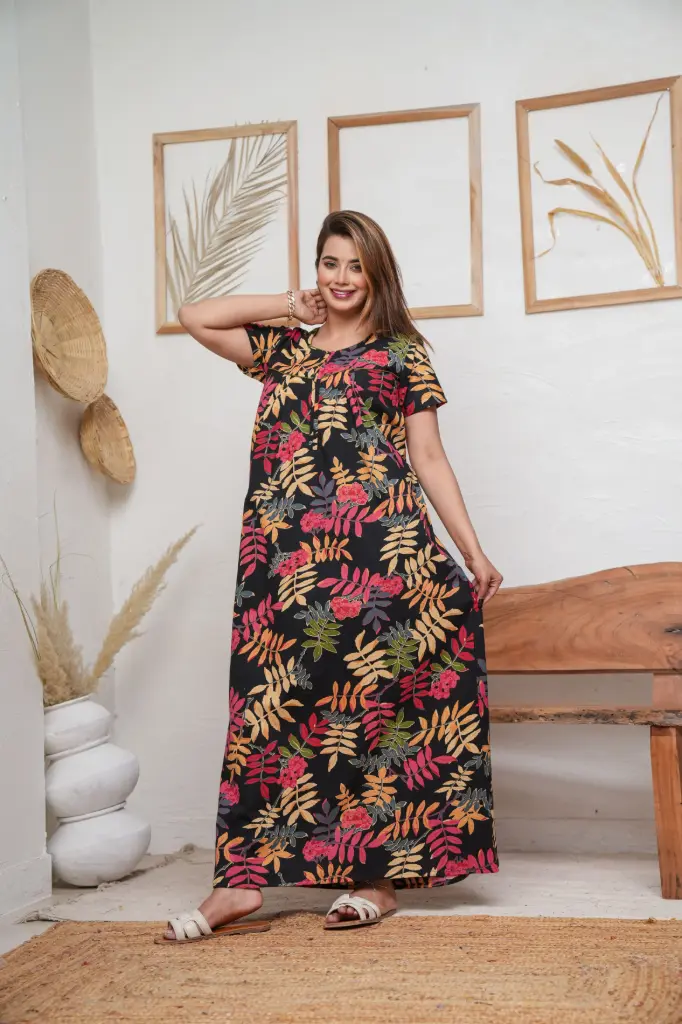 Neem Leaves Black Cotton Printed Night Gown  (L)