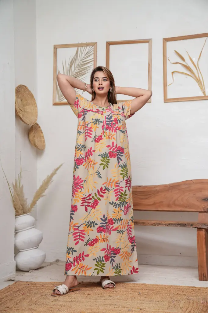 Neem Leaves Beige Cotton Printed Night Gown   (L)