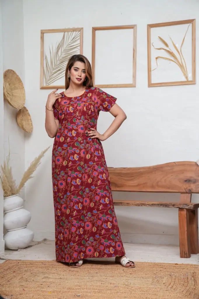 Paisley Flower Maroon Cotton Printed Night Gown   