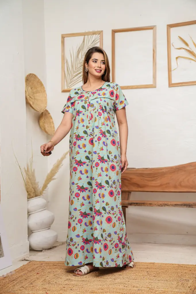 Paisley Flower Pista Cotton Printed Night Gown   (L)