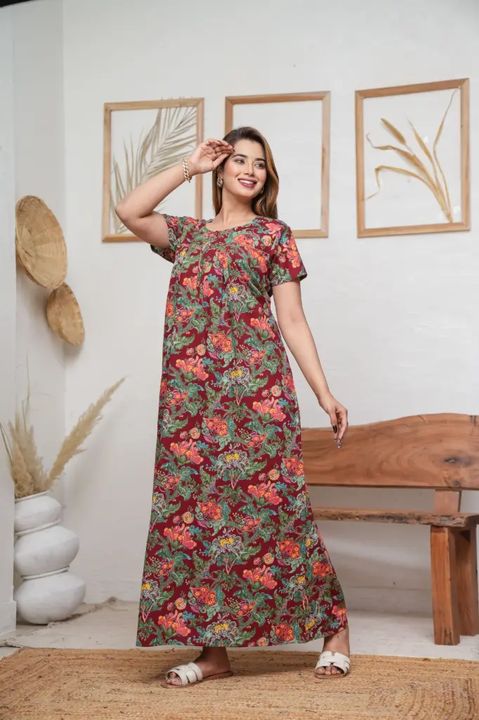 Palaash Maroon Cotton Printed Night Gown    (L)