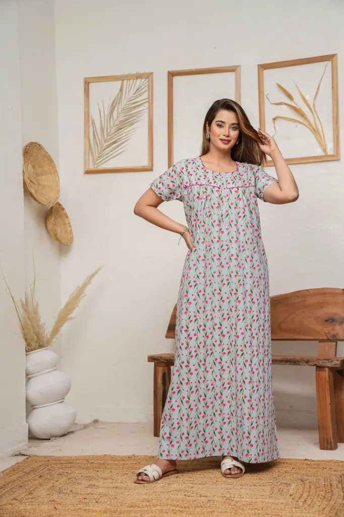 Lily Beil - Grey  Cotton Printed Night Gown     (L)