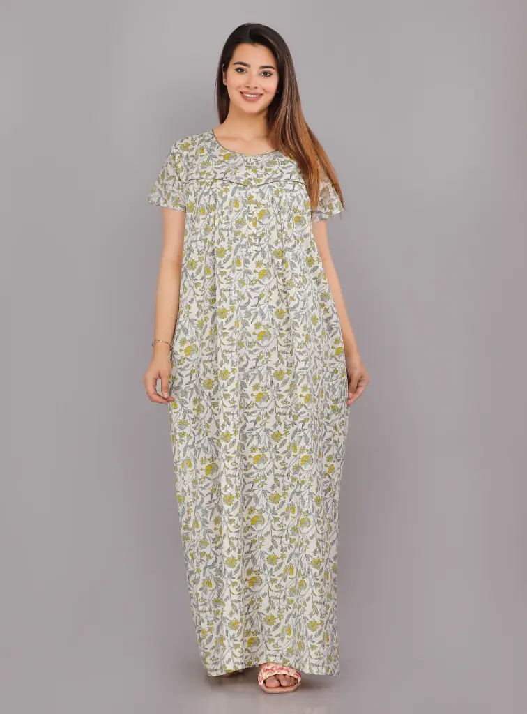Bajra Leaves Cream Pure Cotton Printed Night Gown  (L)