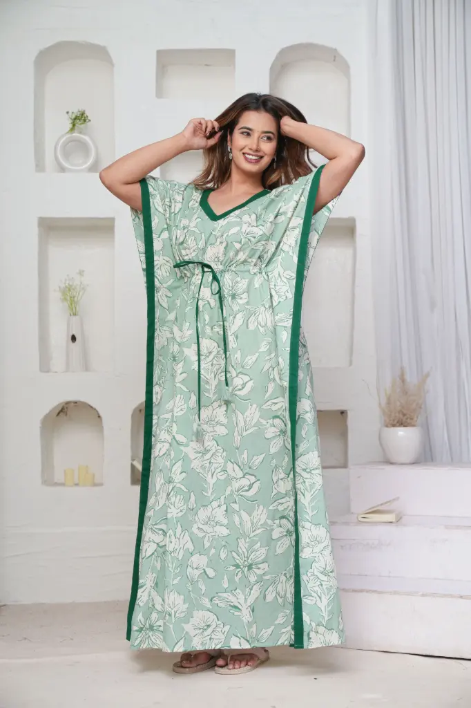 Pastel Flower Mint Pure Cotton Printed Kaftan  