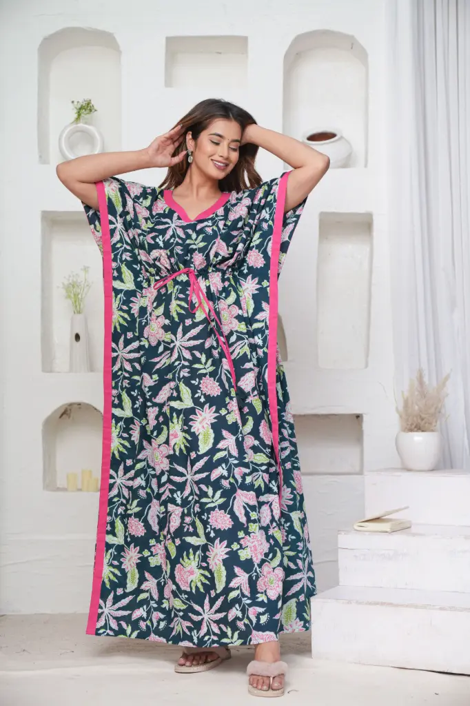 Marigold - Bottle Green Pure Cotton Printed Kaftan   