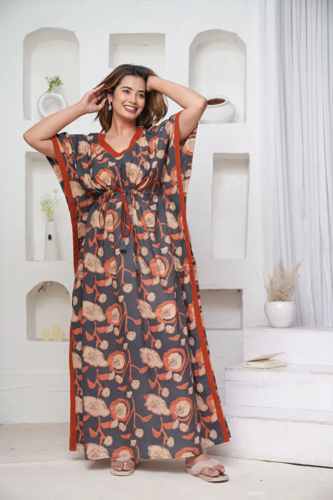Poppy Flower Grey Pure Cotton Printed Kaftan  