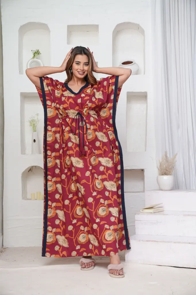 Poppy Flower Maroon Pure Cotton Printed Kaftan   