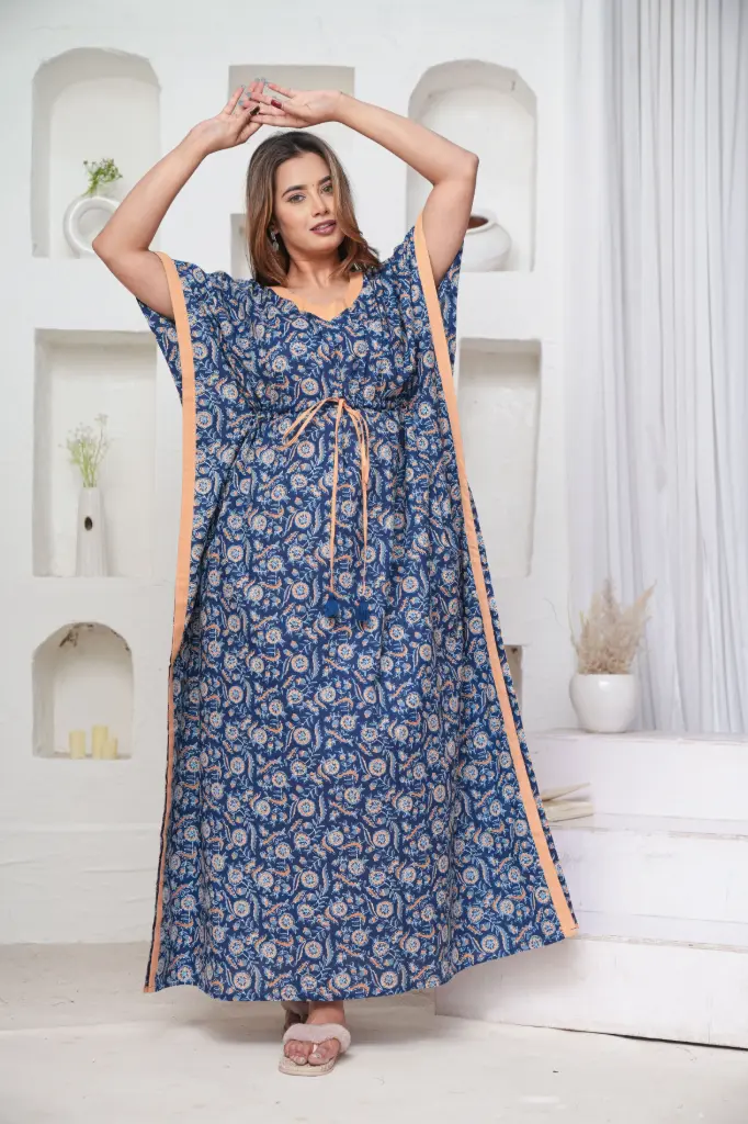 Orange Blue Flower Pure Cotton Printed Kaftan  
