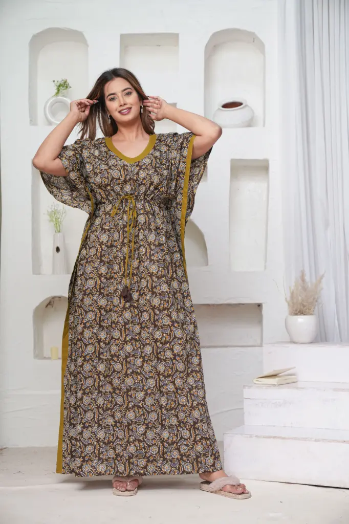 Orange Coffee Flower Grey Pure Cotton Printed Kaftan   