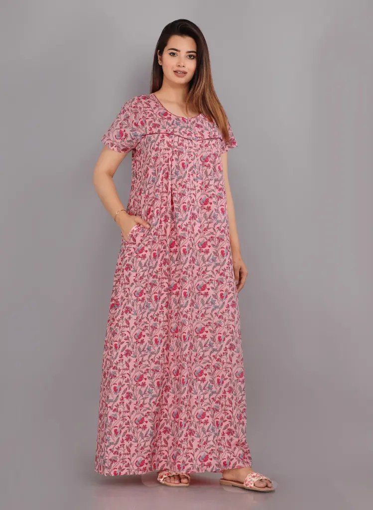 Bajra Leaves Pink Pure Cotton Printed Night Gown  