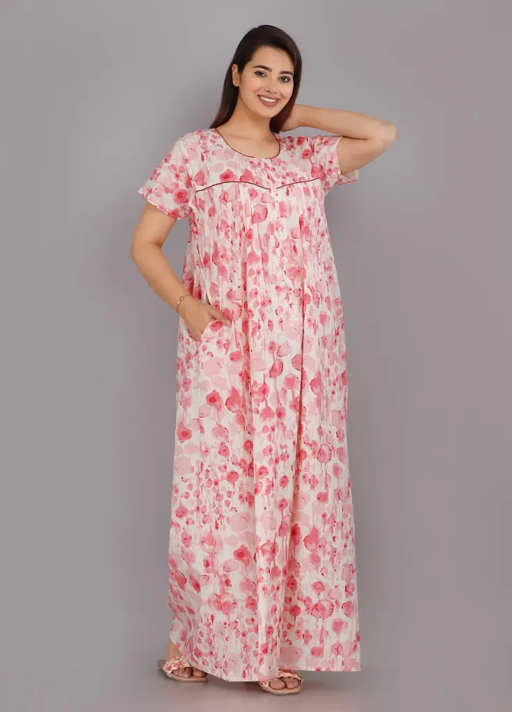 Water Color Pink Pure Cotton Printed Night Gown (L)