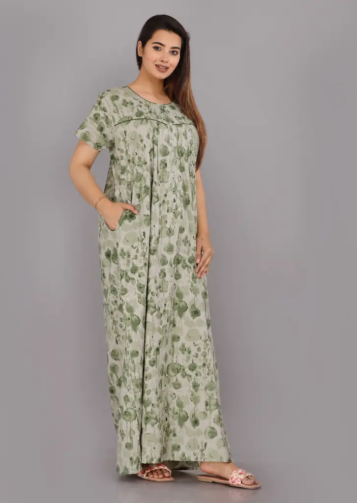 Water Color Green Pure Cotton Printed Night Gown 