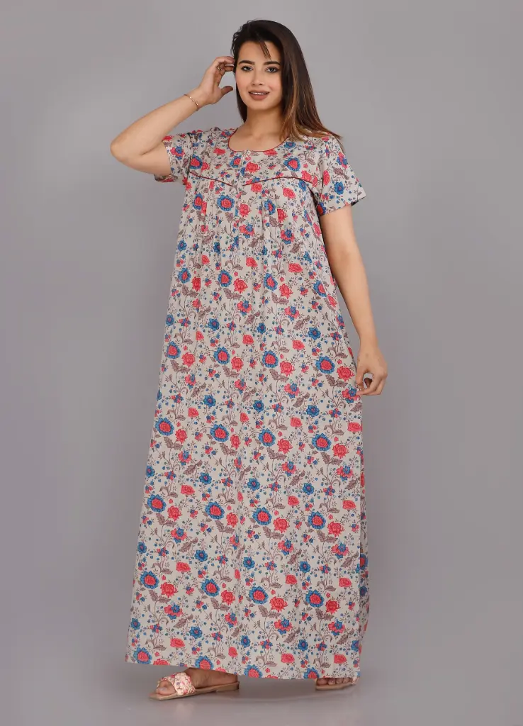 Eight Color Flower - Grey Pure Cotton Printed Night Gown   (L)