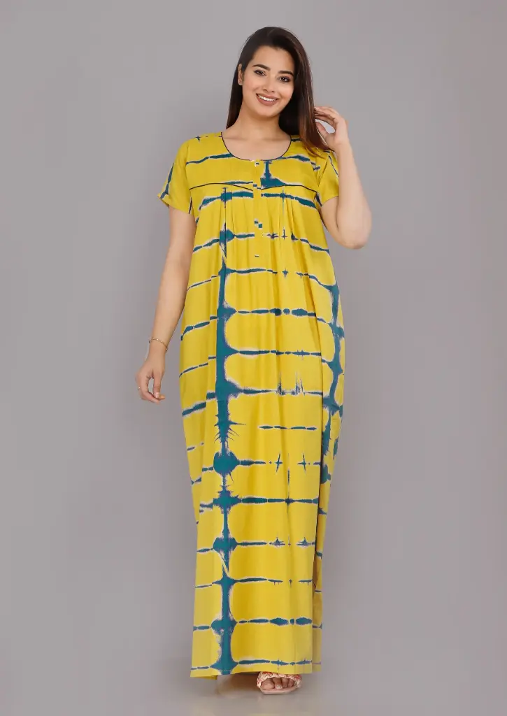 Tie Dye Yellow Cotton Printed Night Gown   (L)