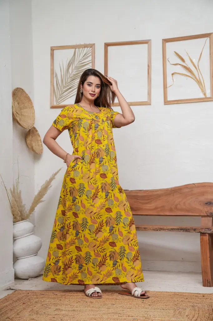 Linning Leaves Yellow Cotton Printed Night Gown