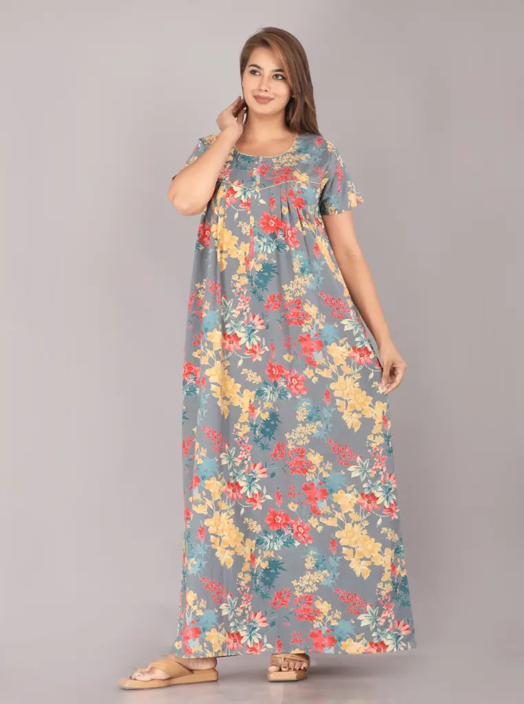Foam Flower Grey Cotton Printed Night Gown  (L)