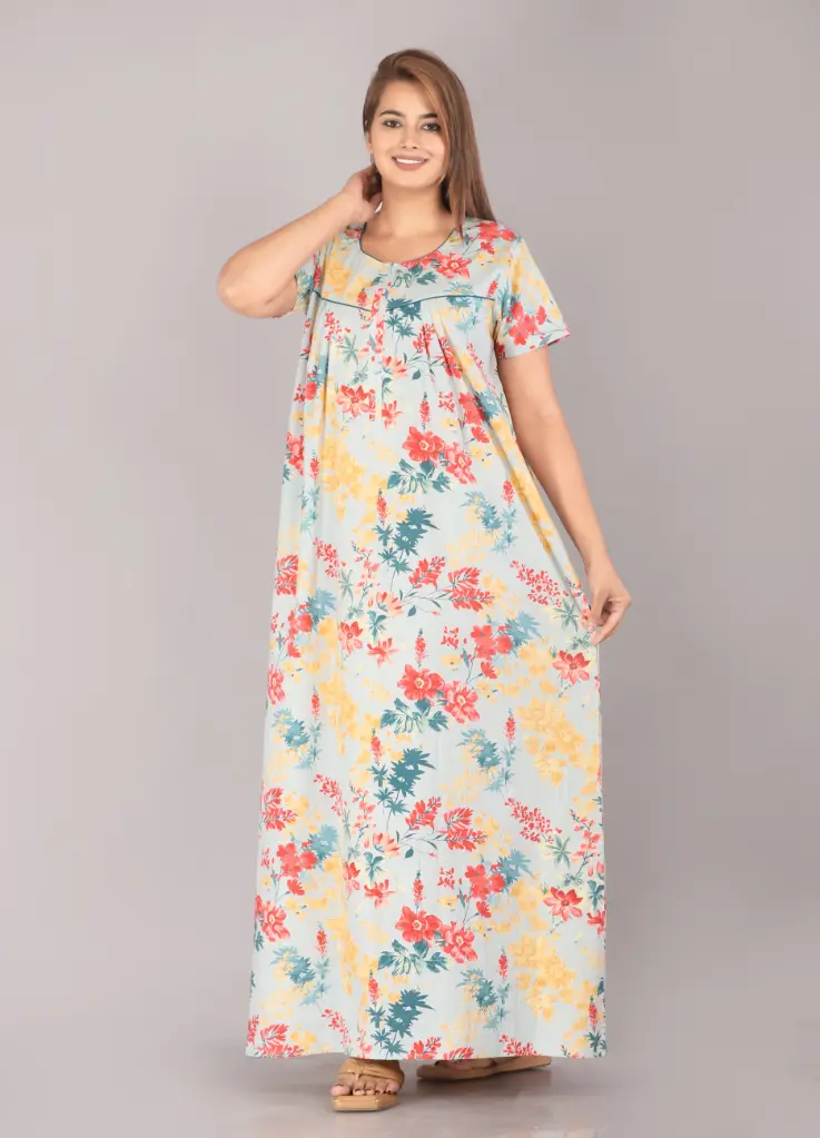 Foam Flower - Light Grey Cotton Printed Night Gown   (L)