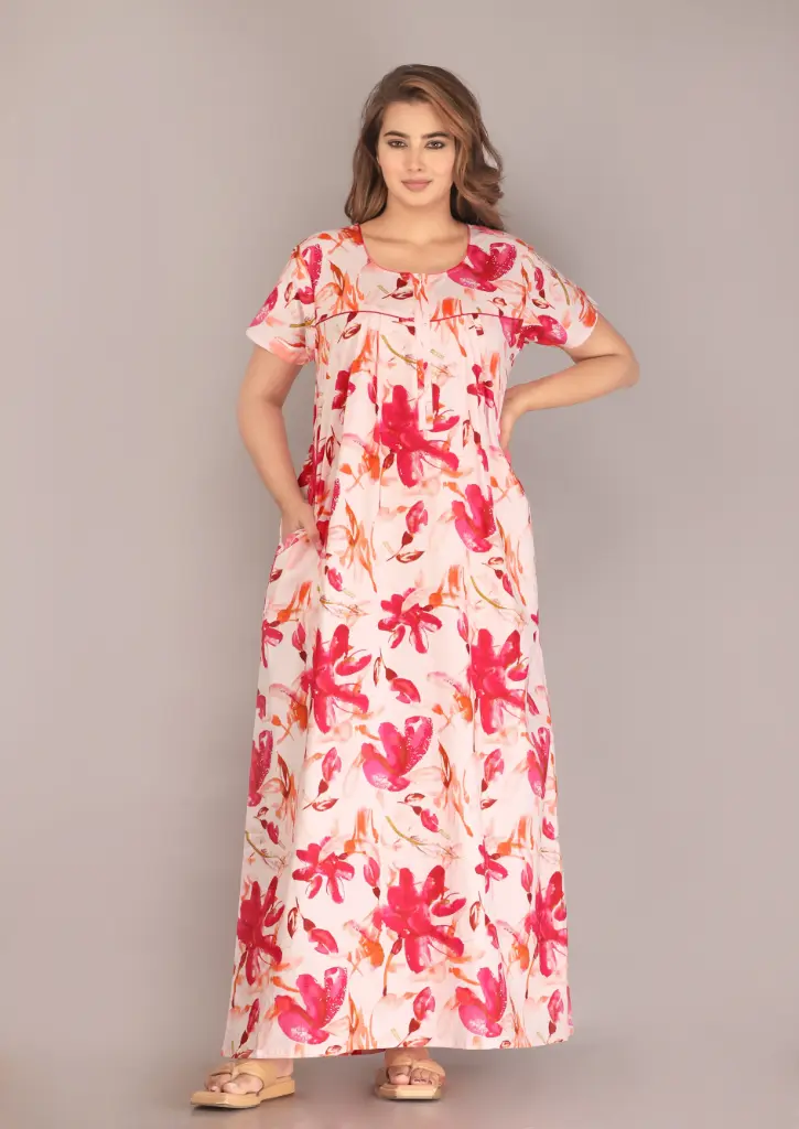Spray Flower Pink Cotton Printed Night Gown    (L)