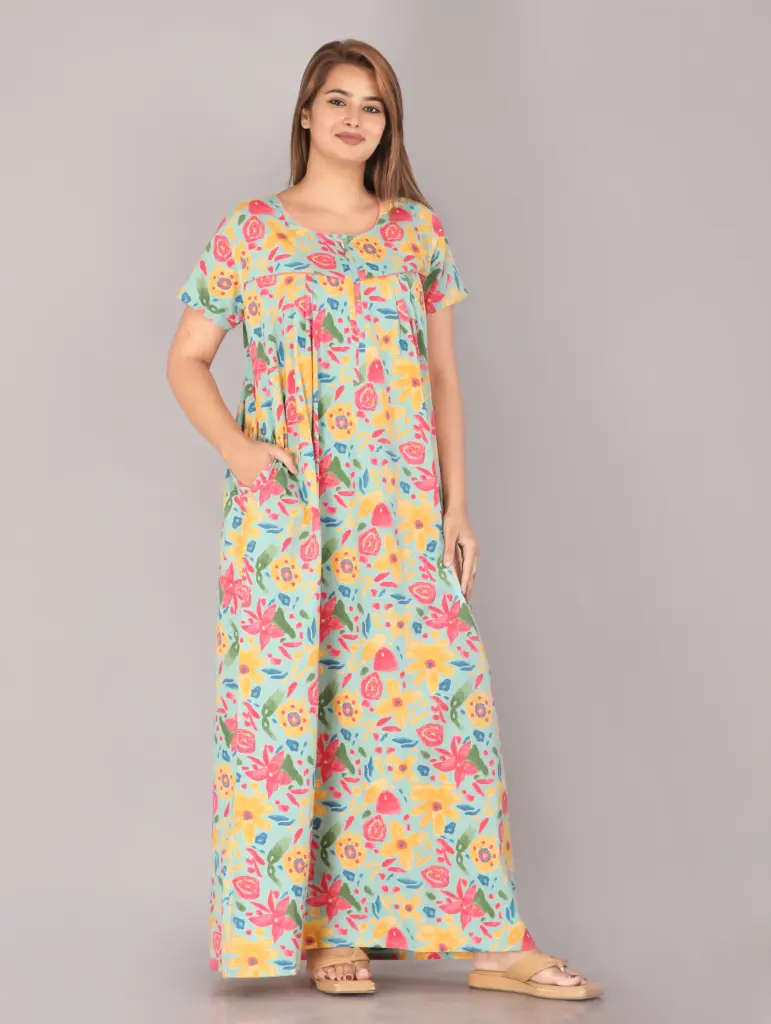 Marine Sea Green Cotton Printed Night Gown  (L)